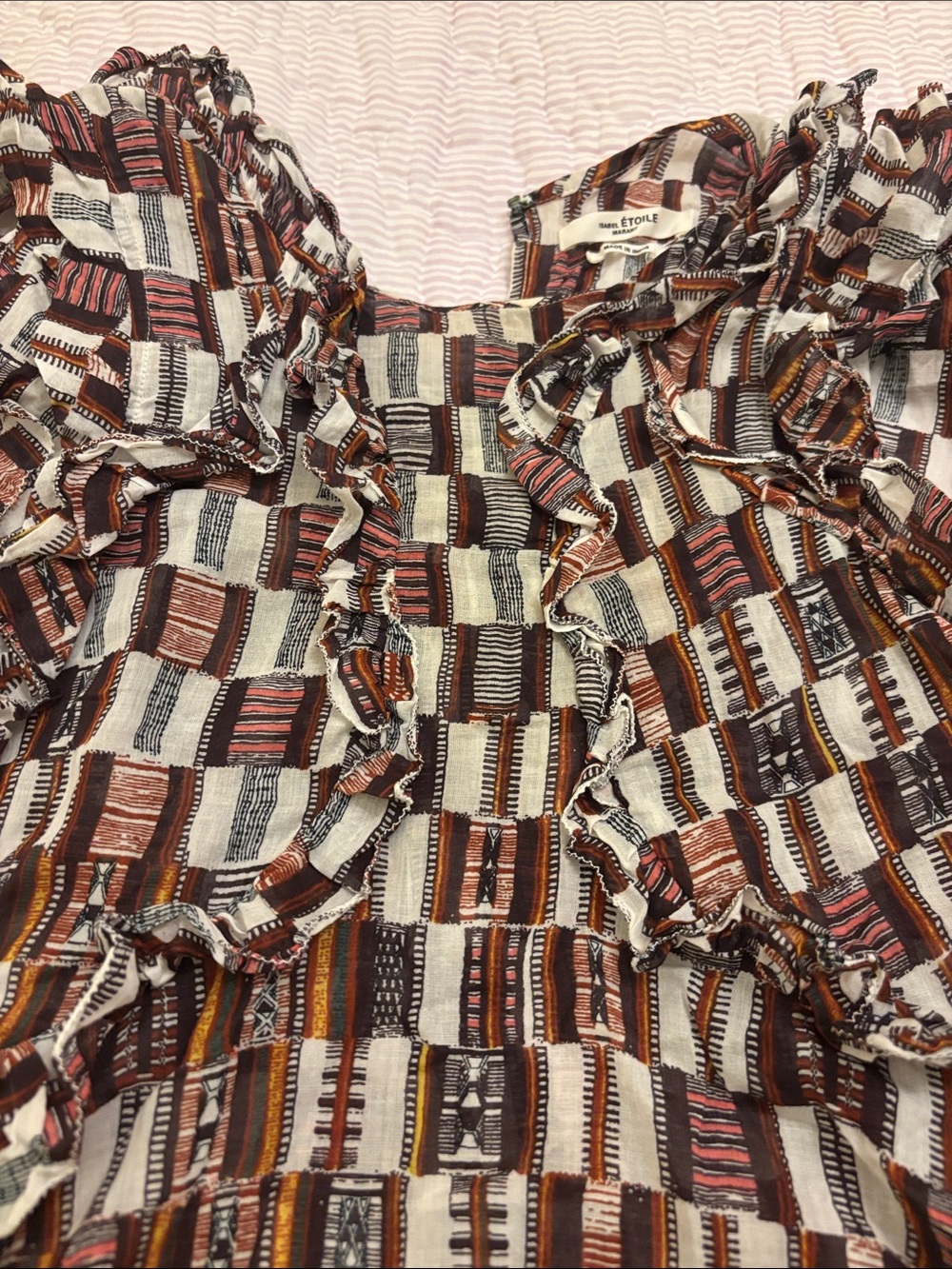 Isabel Marant Ruffled Geometric Patchwork Top in Brown, Cream & Rust - Picture 4 of 5